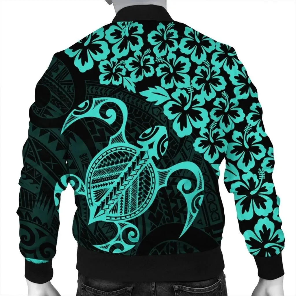 FamilyGater Jacket - Hawaiian Map Turtle Hibiscus Kanaka Polynesian Bomber Jacket - Turquoise - AH - J4R
