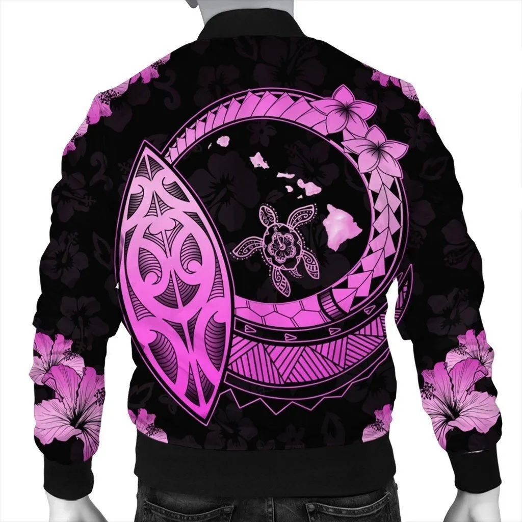 Hawaii Turtle Hibiscus Map Polynesian Bomber Jacket Pink