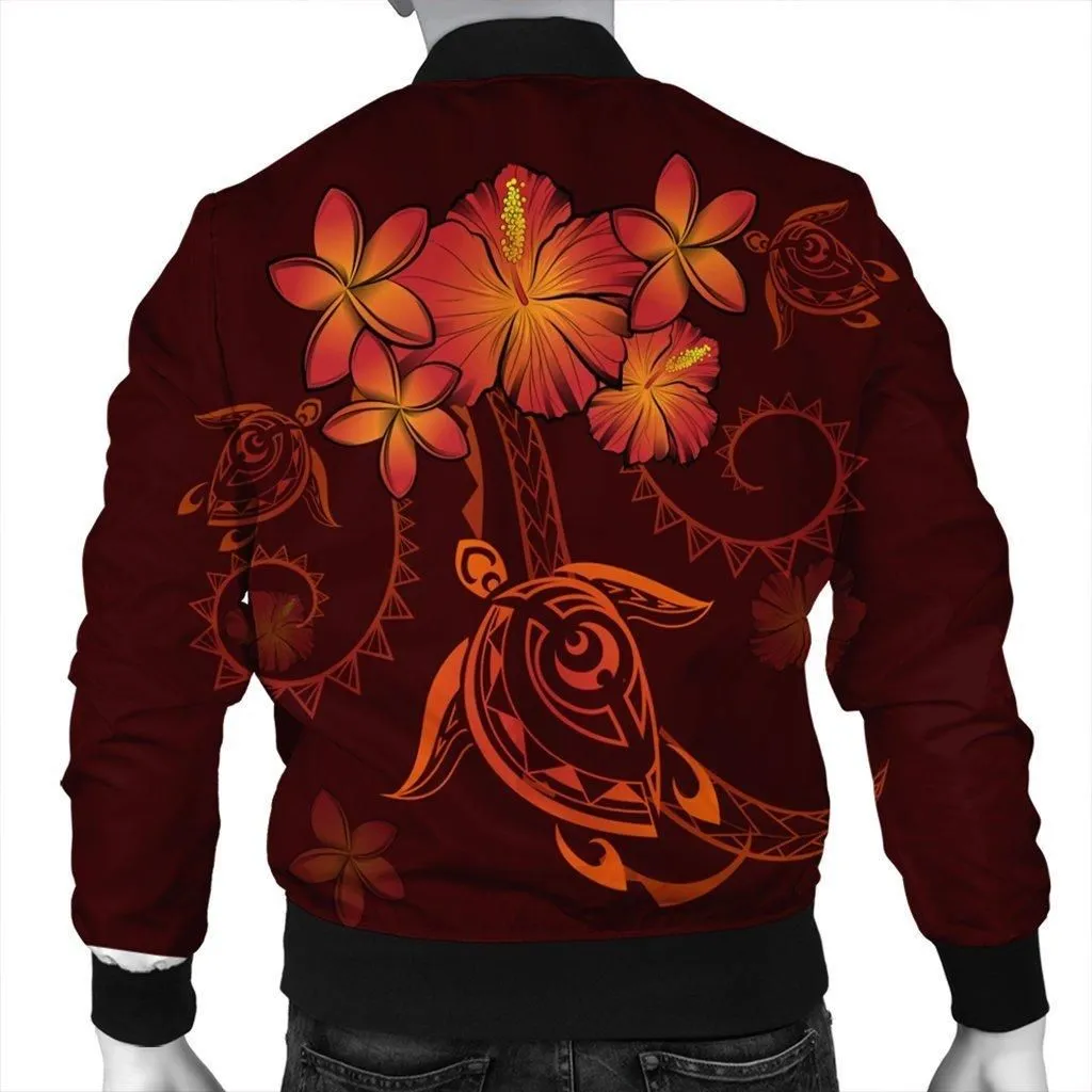 Hawaiian Turtles Hibiscus Plumeria Polynesian Bomber Jacket - Red
