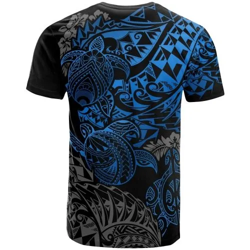 Tahiti Polynesian T shirt - Blue Turtle Hibiscus Flowing