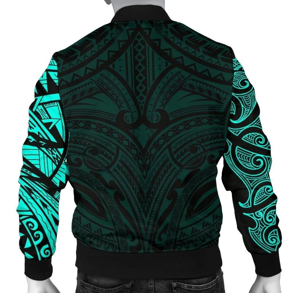 New Zealand Mens Bomber Jacket, Maori Polynesian Tattoo Turquoise