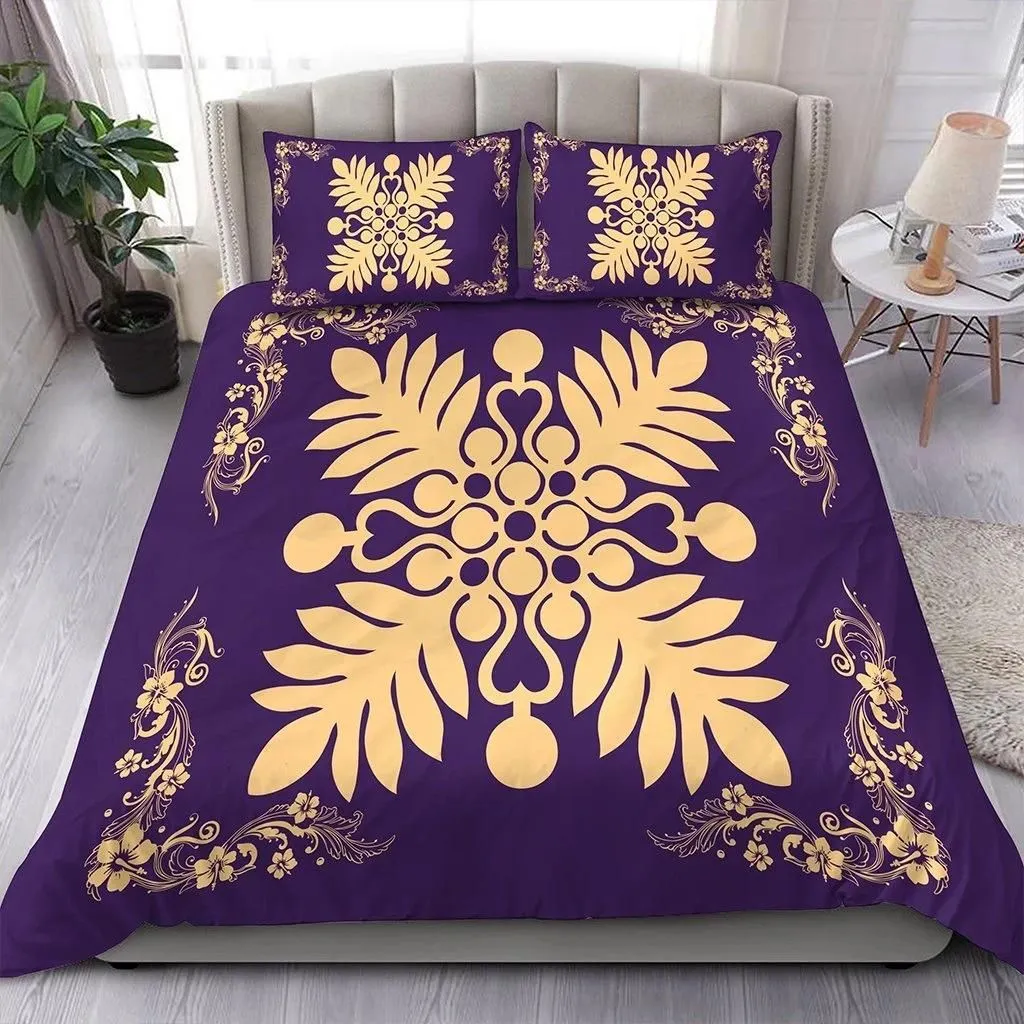 Alohawaii Home Set - Hawaiian Quilt Maui Plant And Hibiscus Pattern Bedding Set - Beige Purple - AH J8