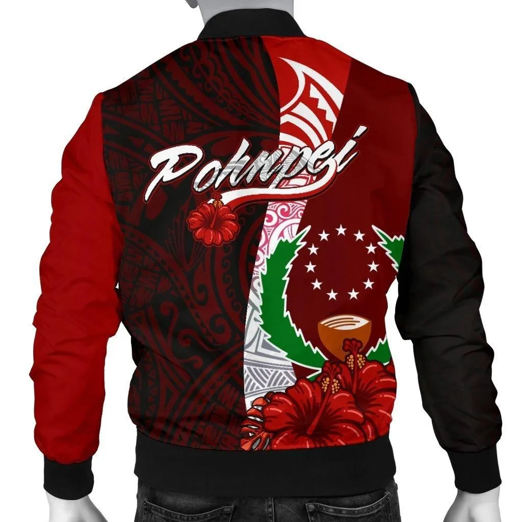 Pohnpei Micronesia Custom Personalised Mens Bomber Jacket - Coat Of Arm With Hibiscus