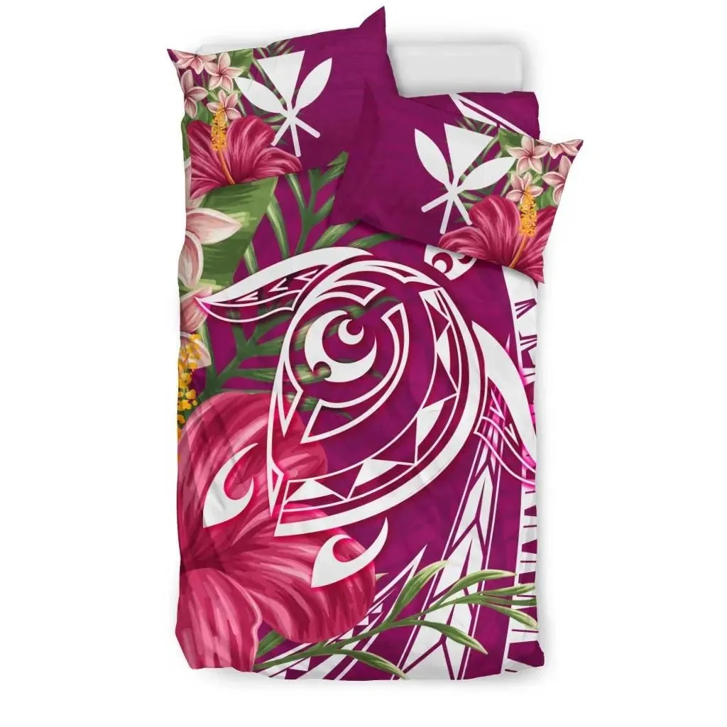FamilyGater Home Set - Hawaii Polynesian Turtle Tropical Hibiscus Plumeria Bedding Set - Pink - AH - J4