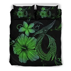 FamilyGater Home Set - Hawaiian Fish Hook Hibiscus Plumeria Polynesian Bedding Set - Green - AH J4