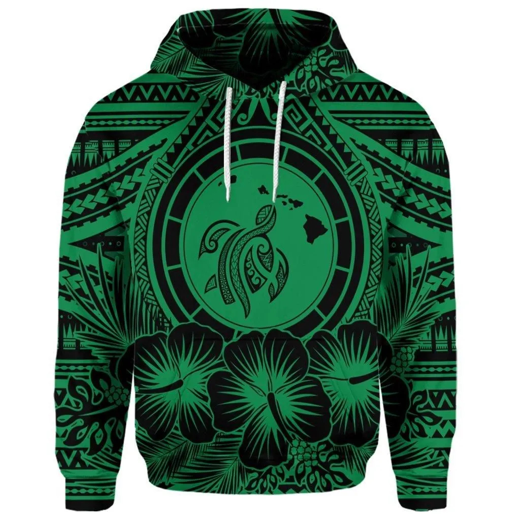 (Personalised) Hawaiian Map Honu Hibiscus Tropic Green Polynesian Hoodie - AH
