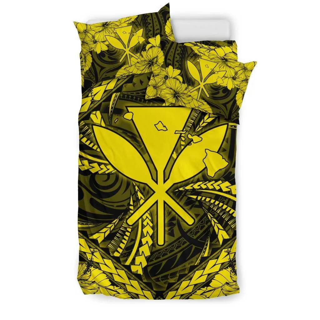 FamilyGater Bedding Set - Cover and Pillow Cases Hawaiian Map Kanaka Hibiscus Yellow Polynesian - AH - JD