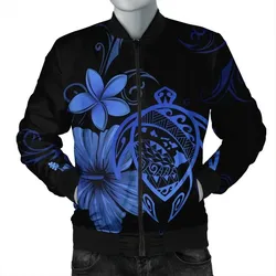 Alohawaii Jacket - Hawaiian Map Turtle Hibiscus Plumeria Polynesian Bomber Jacket - Blue - AH - J4R