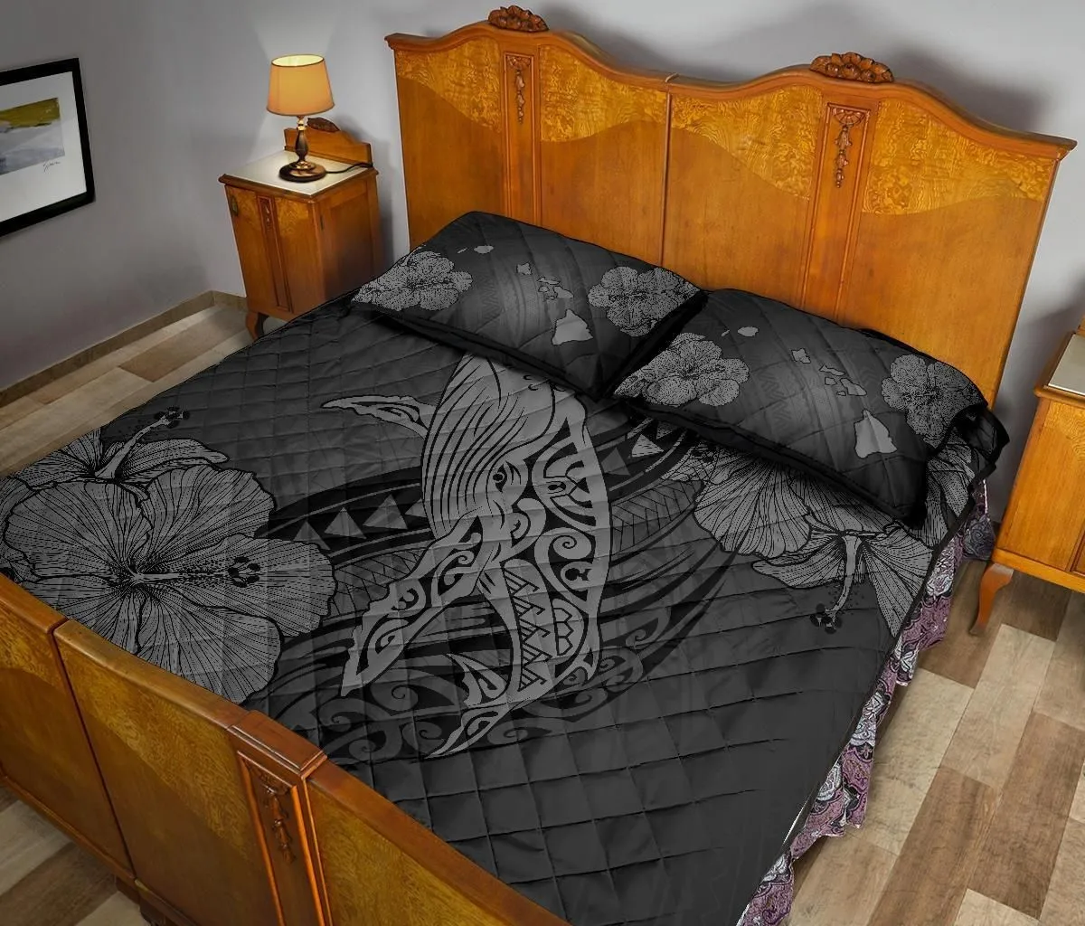 Hawaiian Whale Swim Hibiscus Polynesian Quilt Bedding Set Gray AH J9