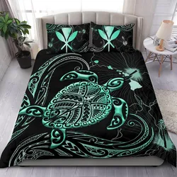 Kanaka Maoli Hawaiian Map Bedding Set - Turtle Polynesian Hibiscus Turquoise
