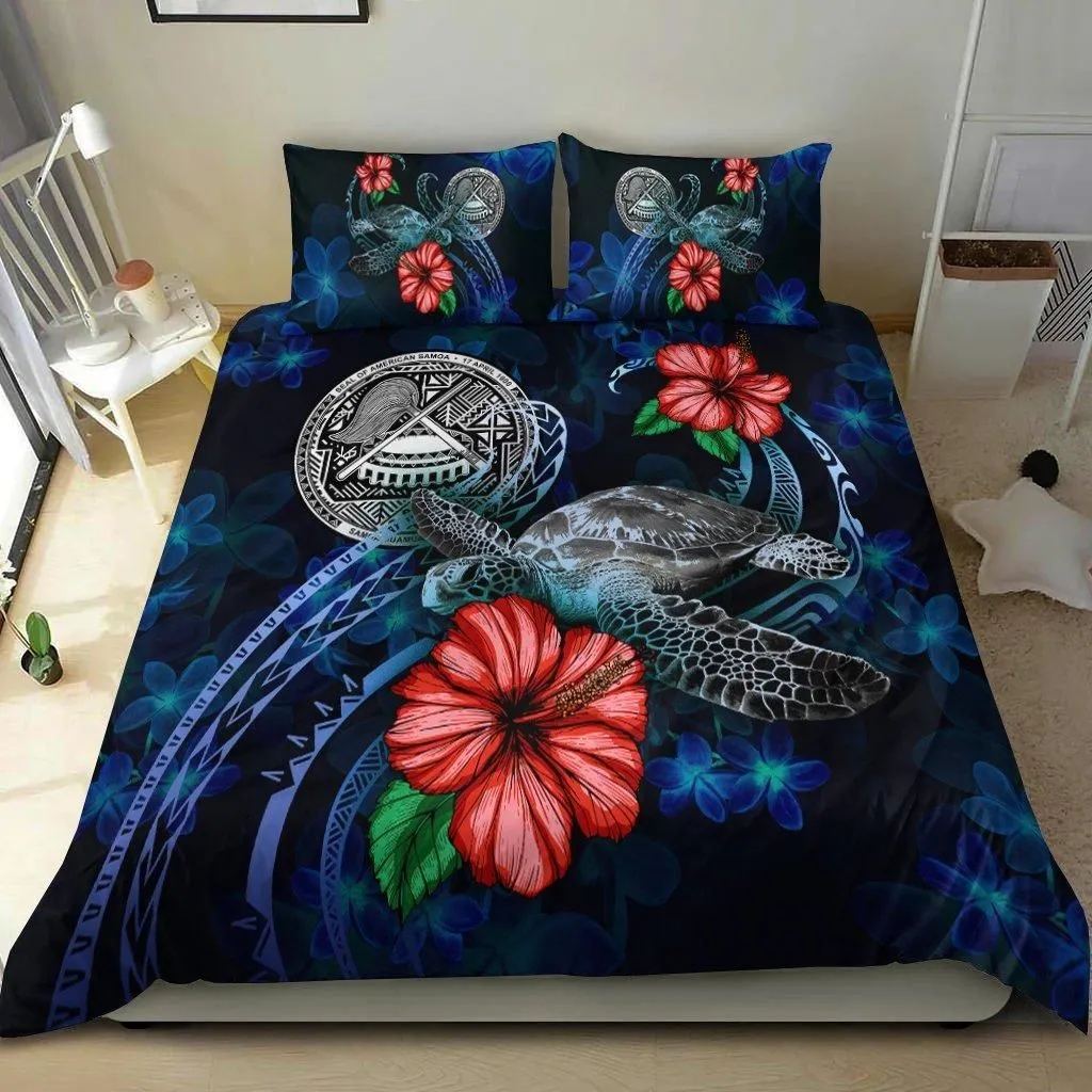 American Samoa Polynesian Bedding Set - Blue Turtle Hibiscus