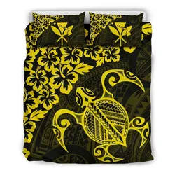 FamilyGater Home Set - Hawaiian Map Turtle Hibiscus Kanaka Polynesian Bedding Set - Yellow - AH J4