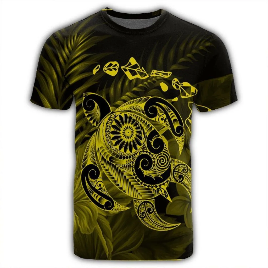 Hawaiian Map Turtle Tattoo Hibiscus Plumeria Polynesian T-Shirt - Yellow - AH