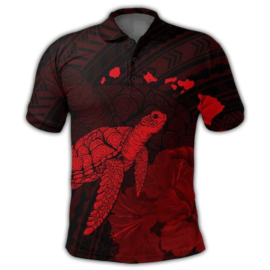 Hawaii Polynesian Hibiscus Turtle Map Polo Shirt Red - AH