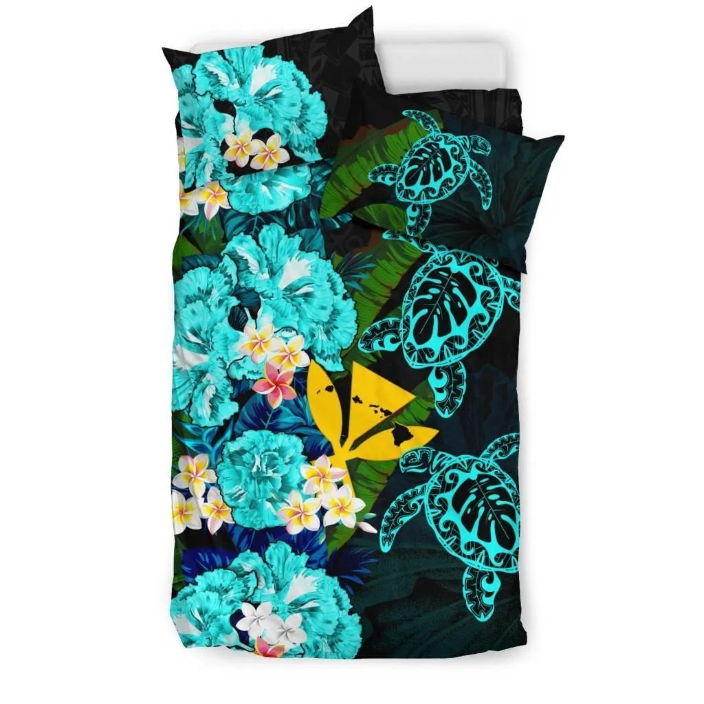 FamilyGater Bedding Set - Cover and Pillow Cases Kanaka Maoli (Hawaiian) - Polynesian Hibiscus Turtle Palm Leaves Blue A02