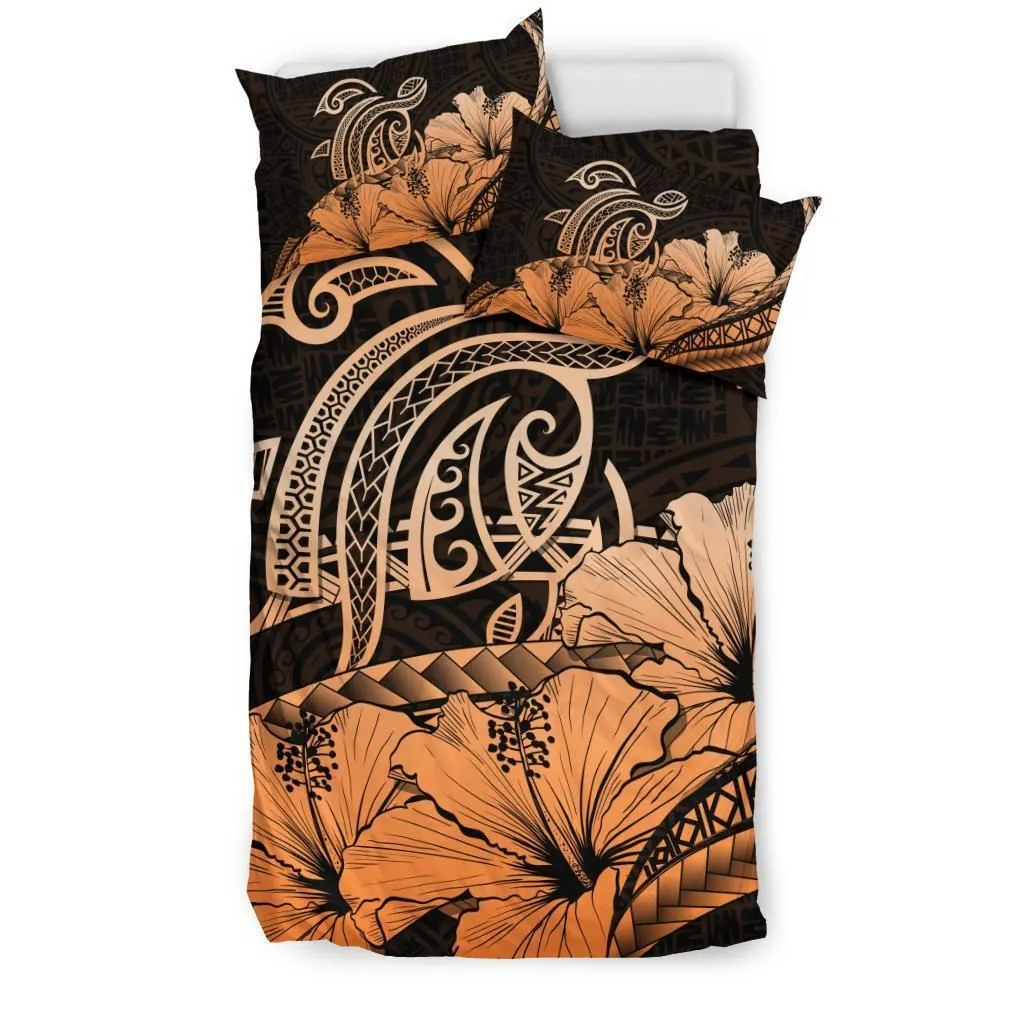 Hawaiian Map Hibiscus Turtle Polynesian Bedding Set Orange