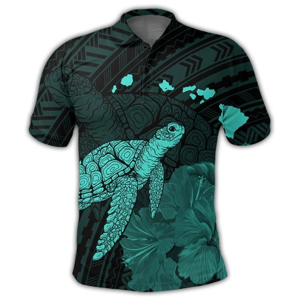 Hawaii Polynesian Hibiscus Turtle Map Polo Shirt Turquoise - AH