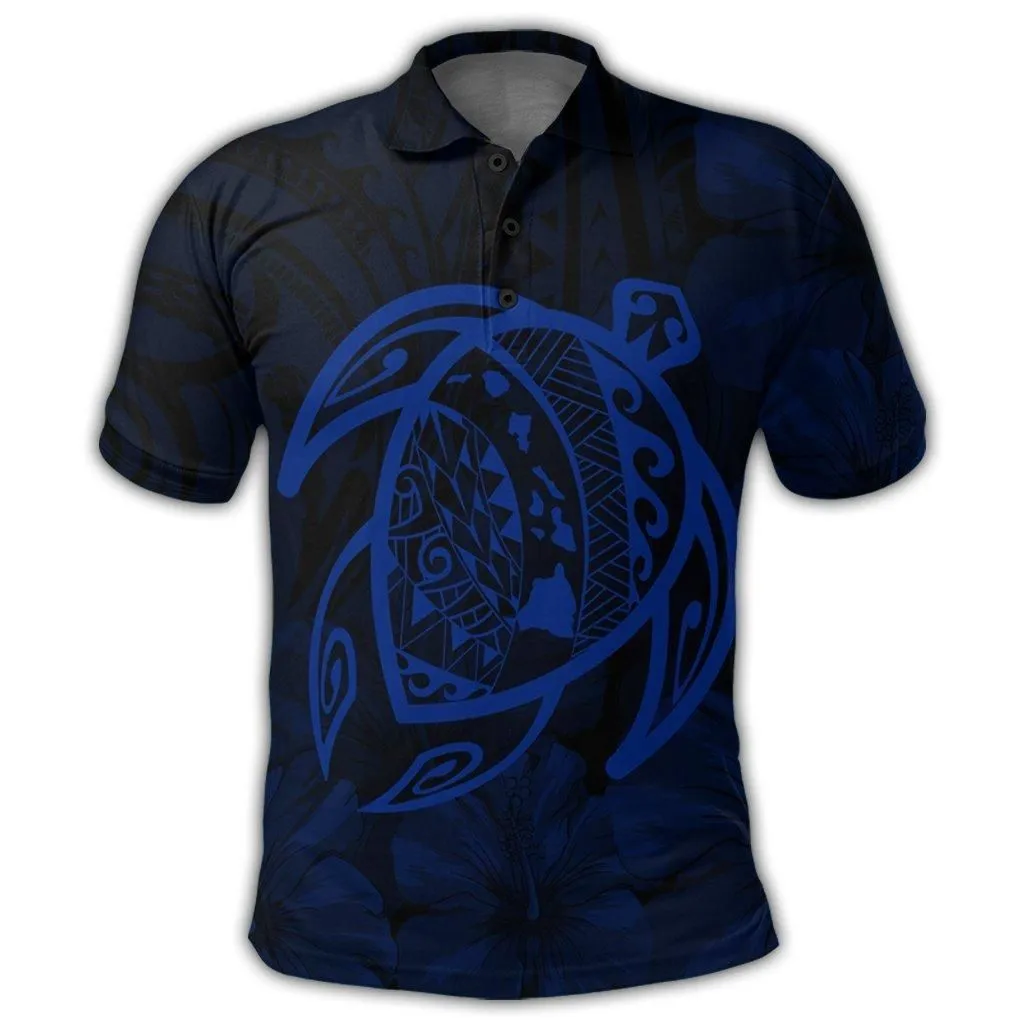 Hawaiian Map Turtle Kanaka Hibiscus Polynesian Polo Shirt - Blue - AH