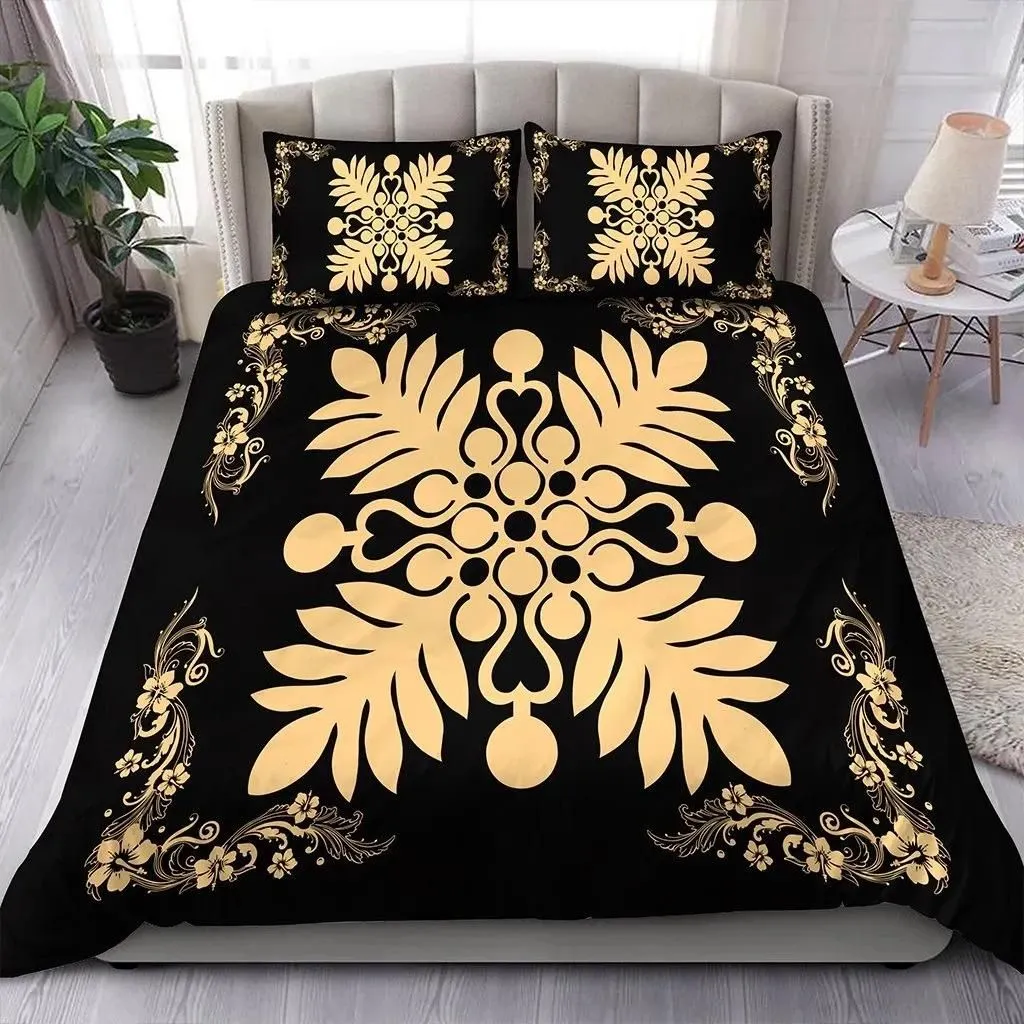 FamilyGater Home Set - Hawaiian Quilt Maui Plant And Hibiscus Pattern Bedding Set - Beige Black - AH J8