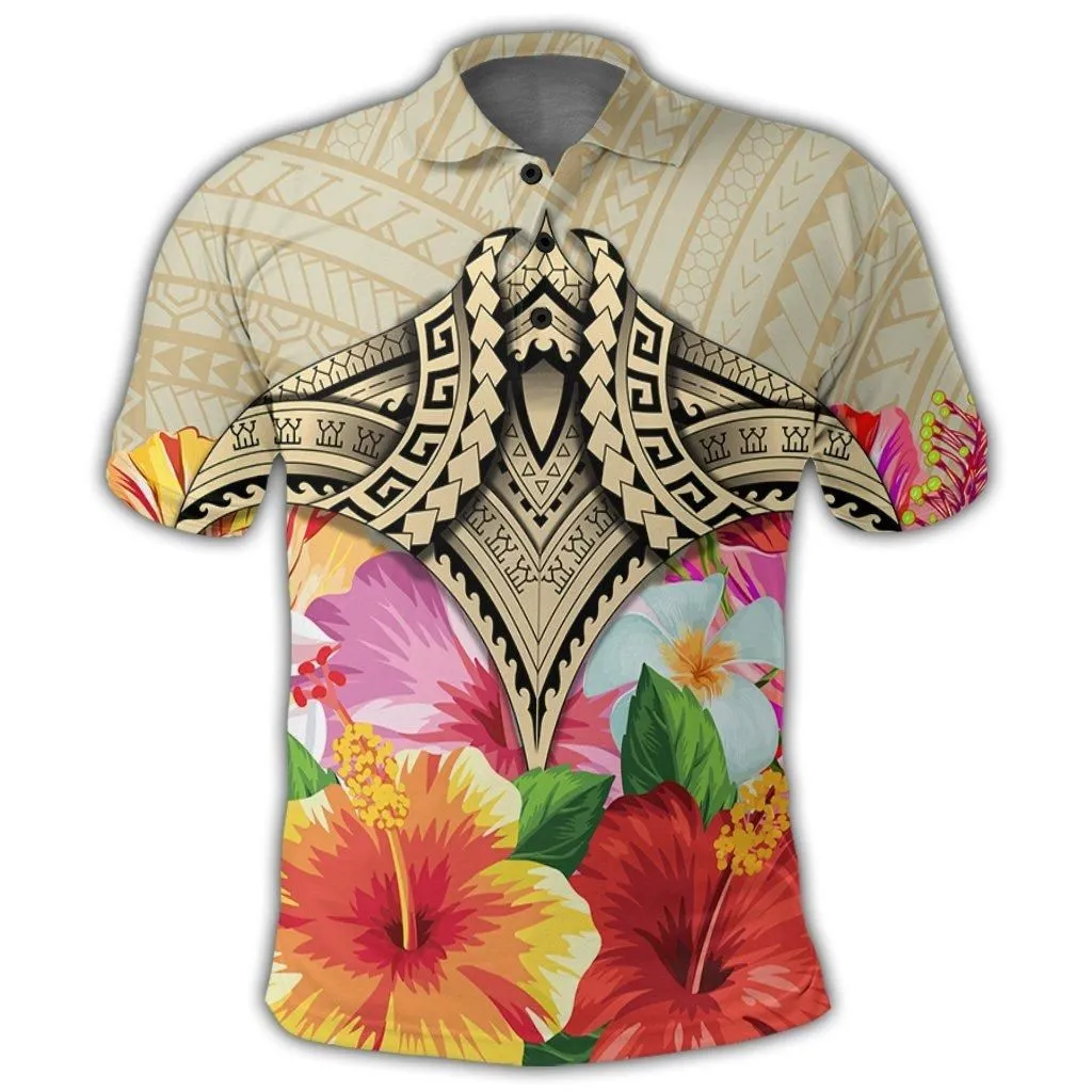 Hawaii Manta Ray Tropical Hibiscus Plumeria Polynesian Polo Shirt - AH
