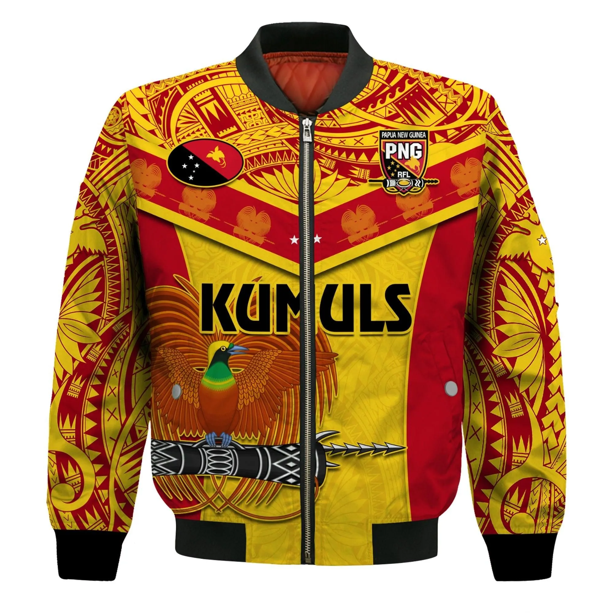 (Custom Text And Number) Papua New Guinea Rugby Bomber Jacket PNG Kumuls Bird Of Paradise Yellow LT14