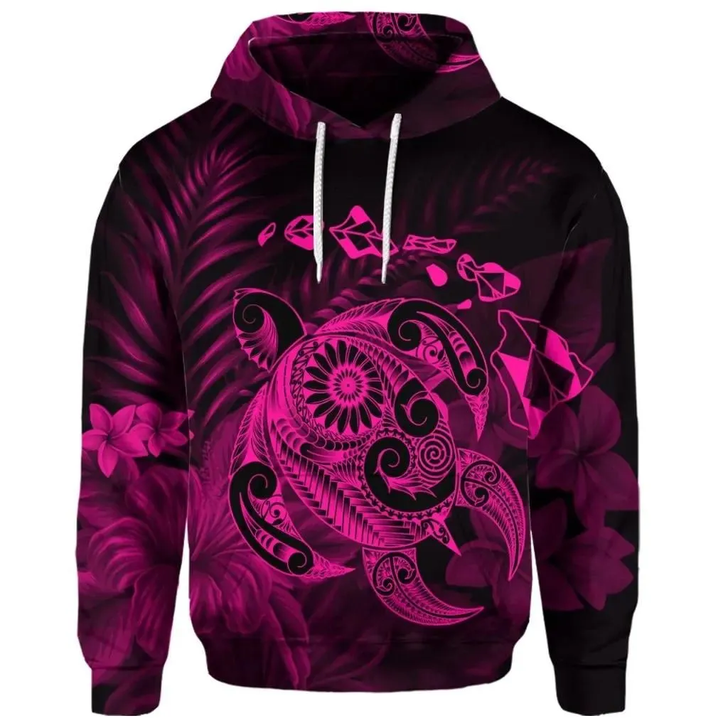 Alohawaii Hoodie - (Personalised) Hawaiian Map Turtle Tattoo Hibiscus Plumeria Polynesian Hoodie - Pink - AH - J4R