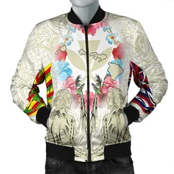 Hawaii Map Kanaka Two Men Holding Flag Bomber Jacket Beige