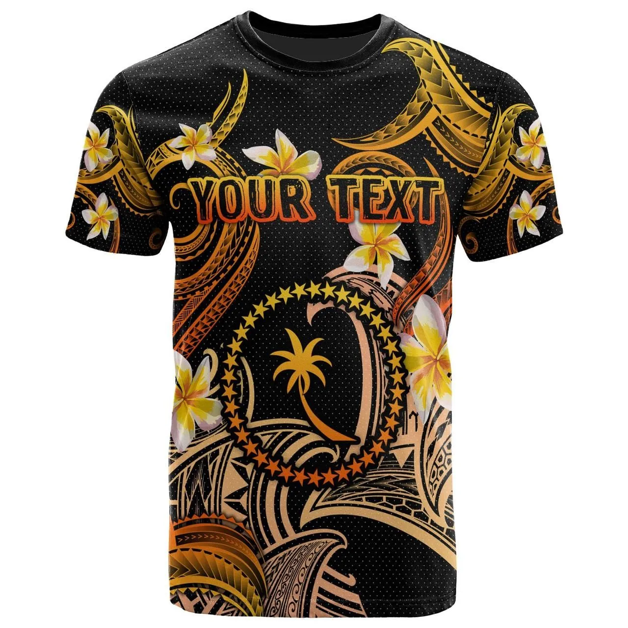 Chuuk T-shirt - Custom Personalised Polynesian Waves with Plumeria Flowers (Orange)