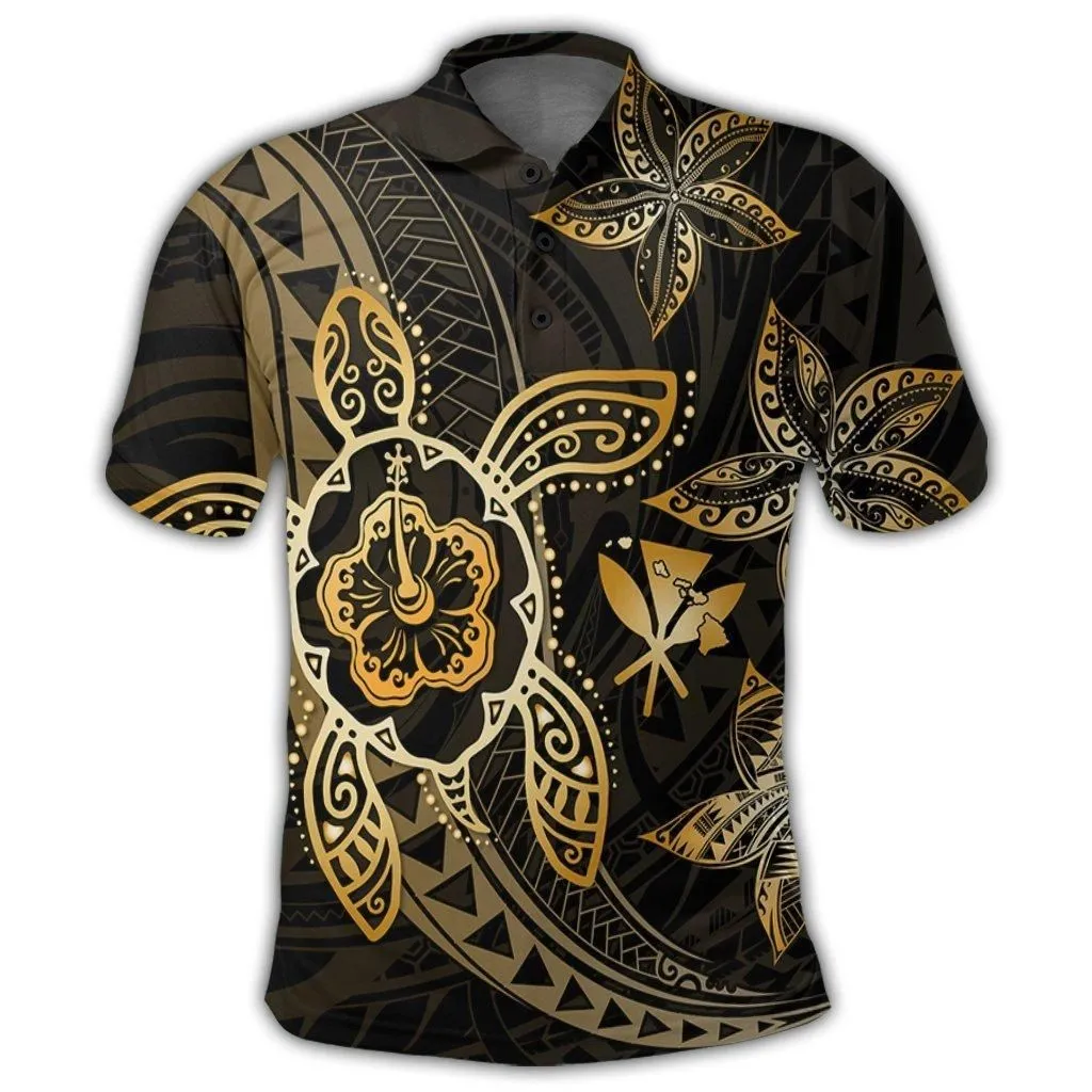 Kanaka Map Hibiscus Plumeria Turtle Art Gold Polynesian Polo Shirt