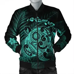 FamilyGaterJacket - Hawaiian Map Turtle Tattoo Hibiscus Plumeria Polynesian Bomber Jacket - Turquoise - AH - J4R
