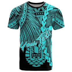 Tahiti Polynesian Custom Personalised T shirt - Tribal Wave Tattoo Neon Blue