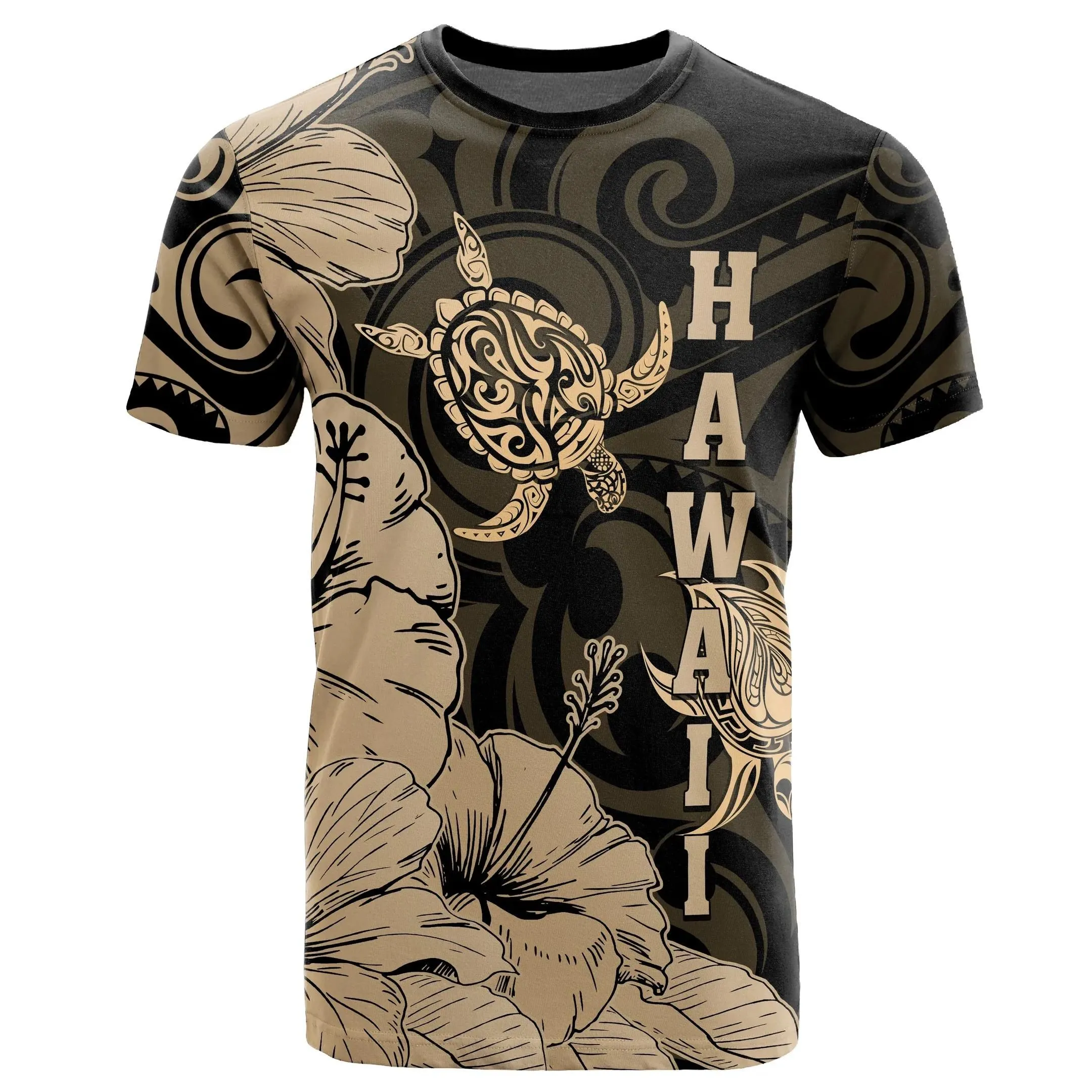 Alohawaii Tee - Hawaii Turtle T-Shirt Polynesian Hibiscus Art Ver 2.0 Gold AH J1