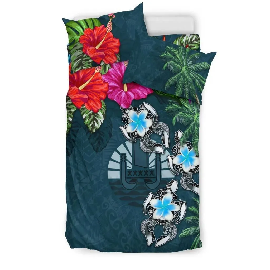 Alohawaii Bedding Set - Cover and Pillow Cases Tahiti - Hibiscus Turtle Tattoo Blue A02