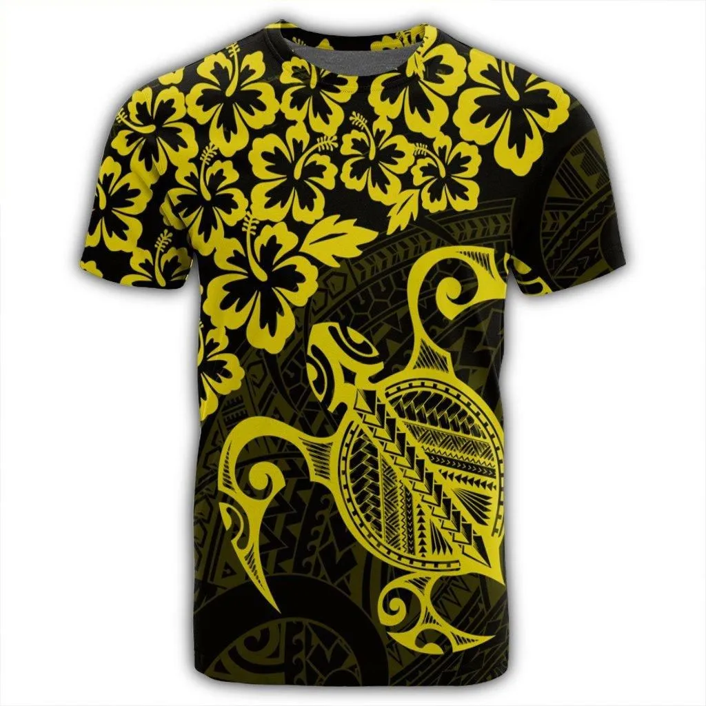 Hawaiian Map Turtle Hibiscus Kanaka Polynesian T-Shirt - Yellow - AH