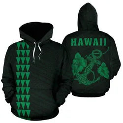 Polynesian Kakau Anchor Hibiscus Hawaii Hoodie Green