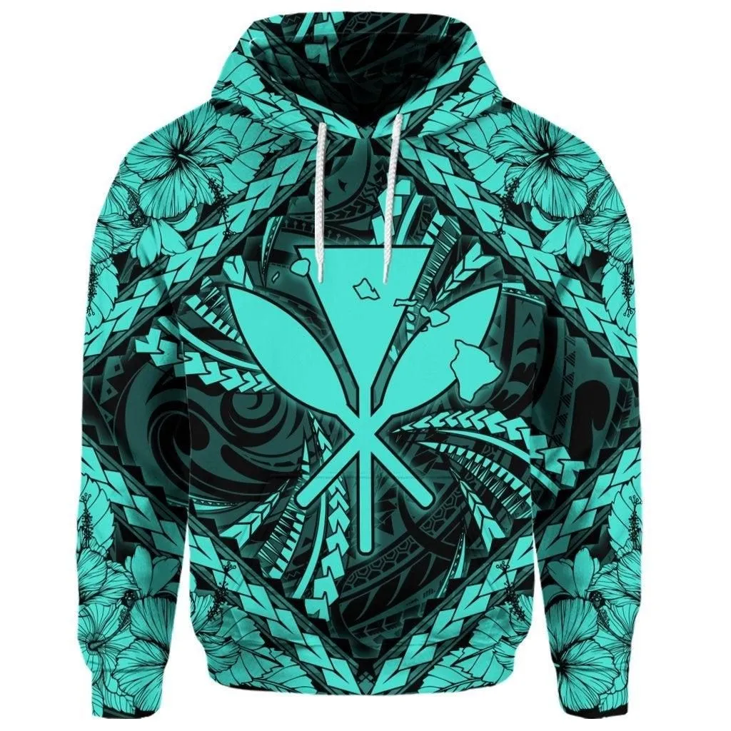 (Personalised) Hawaiian Map Kanaka Hibiscus Turquoise Polynesian Hoodie