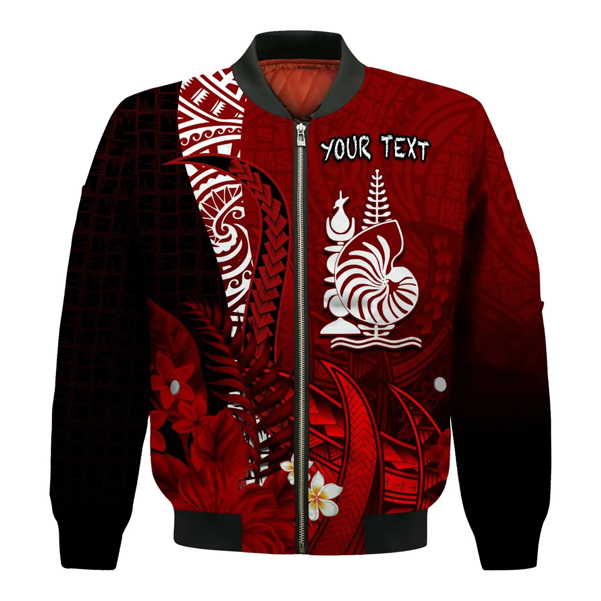 (Custom Personalised) New Caledonia Bomber Jacket Nautilus Red Polynesian Hibiscus LT13