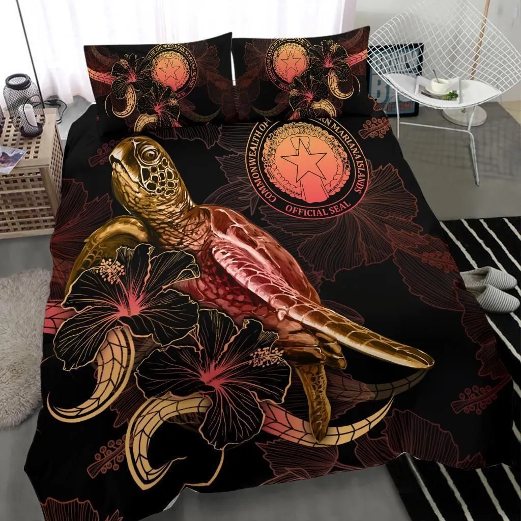 CNMI Polynesian Bedding Set - Turtle With Blooming Hibiscus Gold