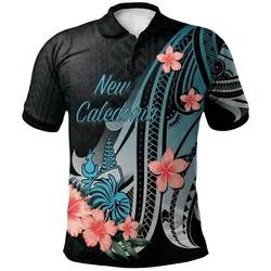 New Caledonia Polo Shirt - Turquoise Polynesian Hibiscus Pattern Style