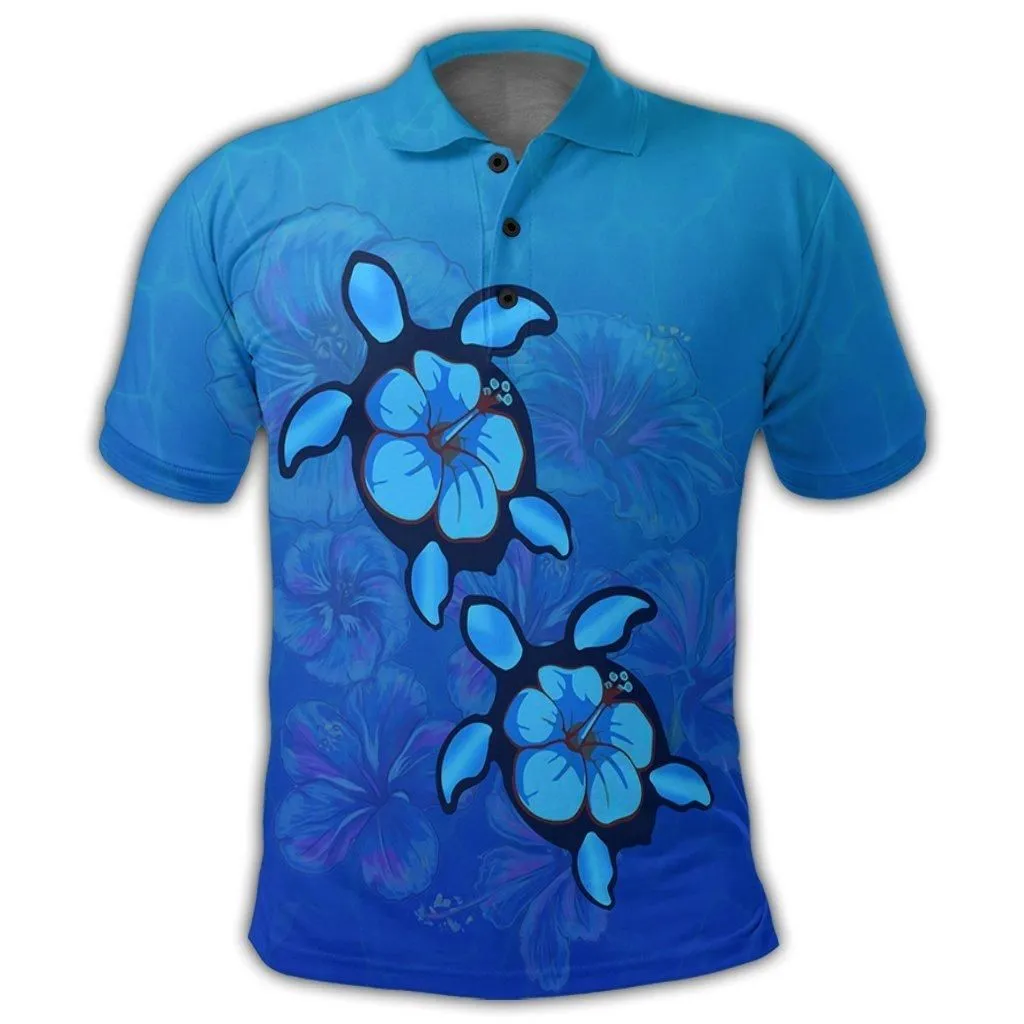 Hawaiian Blue Turtle and Hibiscus Polynesian Polo Shirt