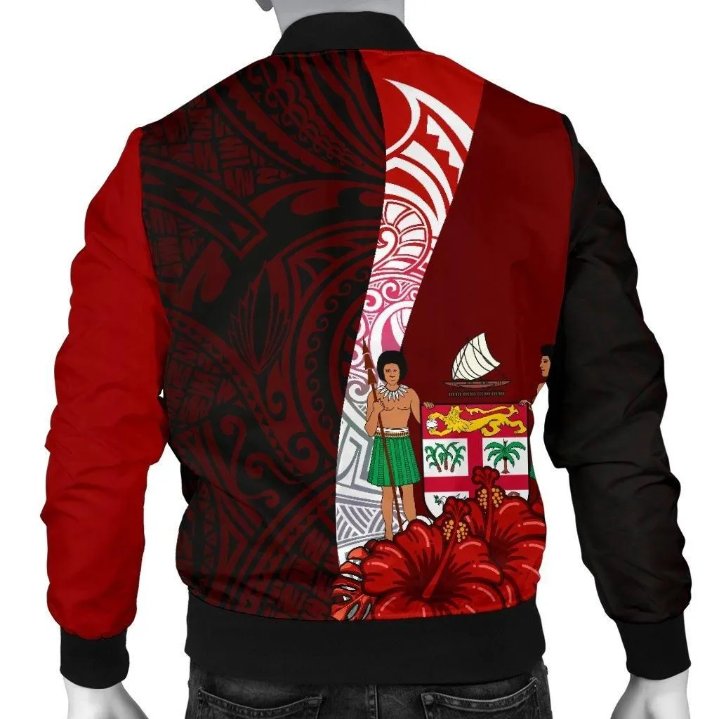 Fiji Polynesian Custom Personalised Mens Bomber Jacket - Coat Of Arm With Hibiscus