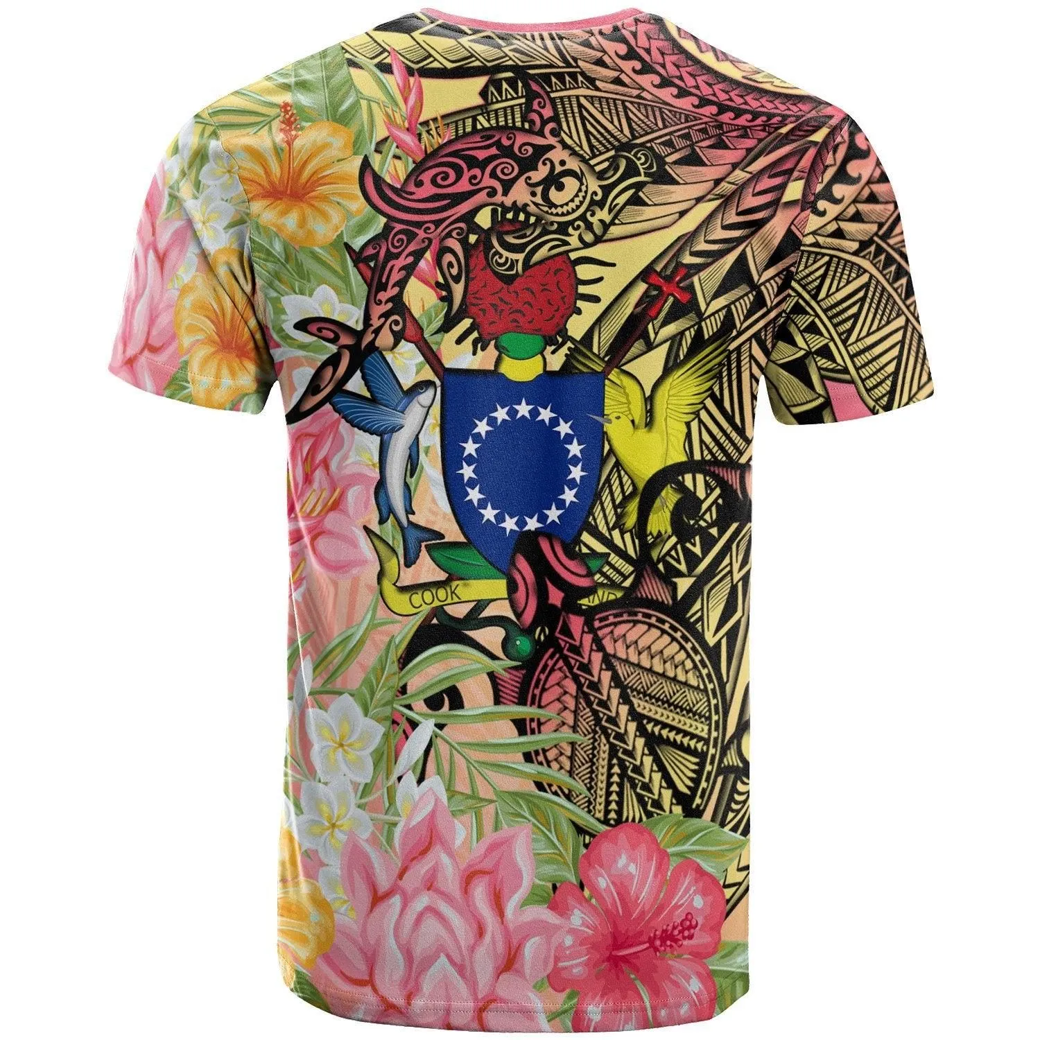 Cook Islands T-Shirt - Flowers Tropical With Sea Animals