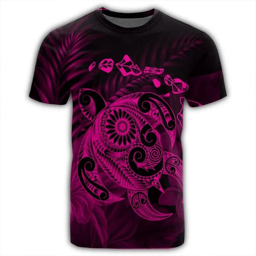 Alohawaii Tee - Hawaiian Map Turtle Tattoo Hibiscus Plumeria Polynesian T-shirt Pink - AH - J4R