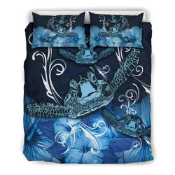 FamilyGater Bedding Set - Cover and Pillow Cases Hawaii Polynesian Turtle Waves Hibiscus - Erik Style - AH - Blue - J5
