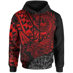 Tahiti Polynesian Hoodie - Red Turtle Hibiscus Flowing