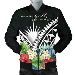 Marshall Islands Mens Bomber Jacket - Marshall Islands Coat of Arms and Polynesian Tropical Flowers White