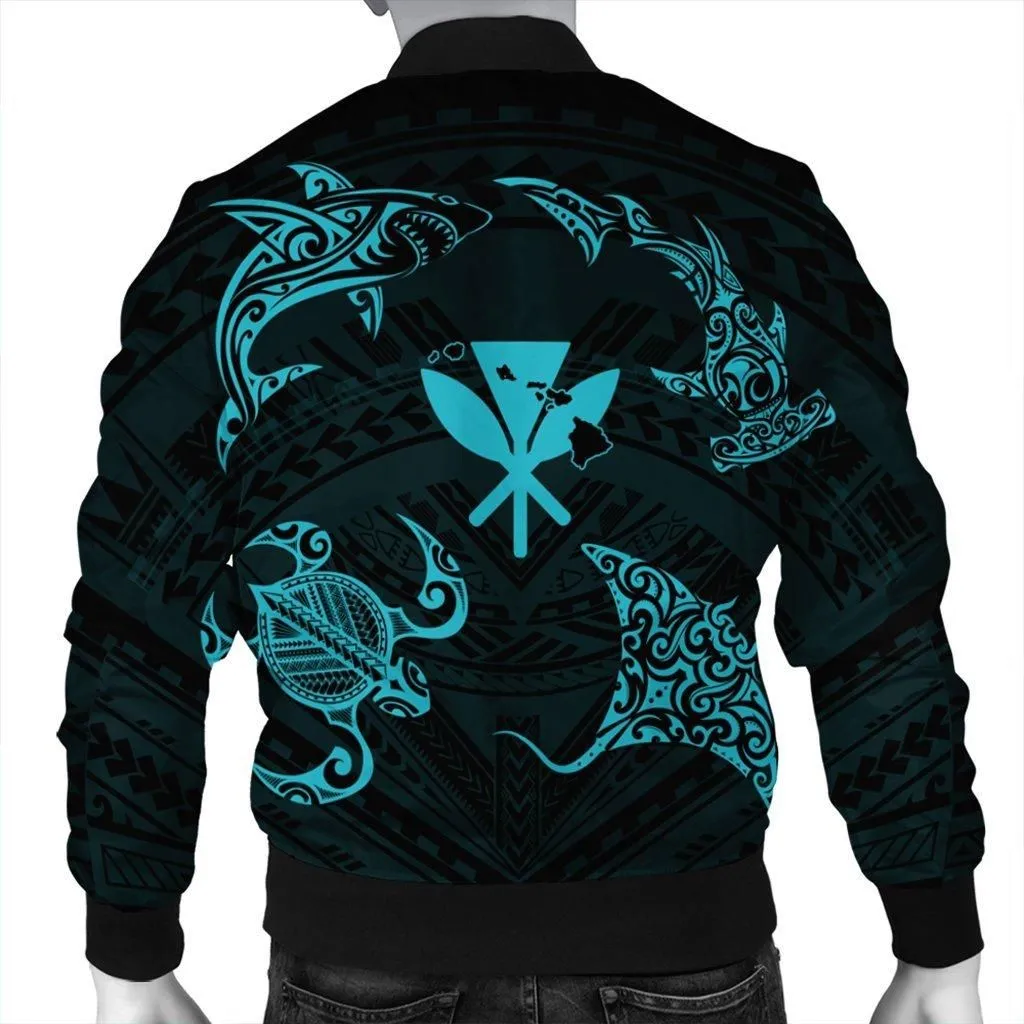 Polynesian Turtle Hammerhead Shark Ray Kanaka Hawaii Bomber Jacket Circle Blue - AH