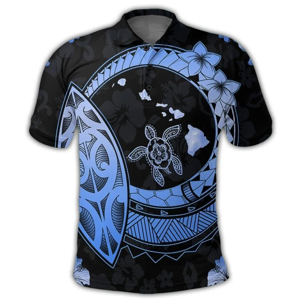 Hawaii Turtle Hibiscus Map Polynesian Polo Shirt Blue - AH