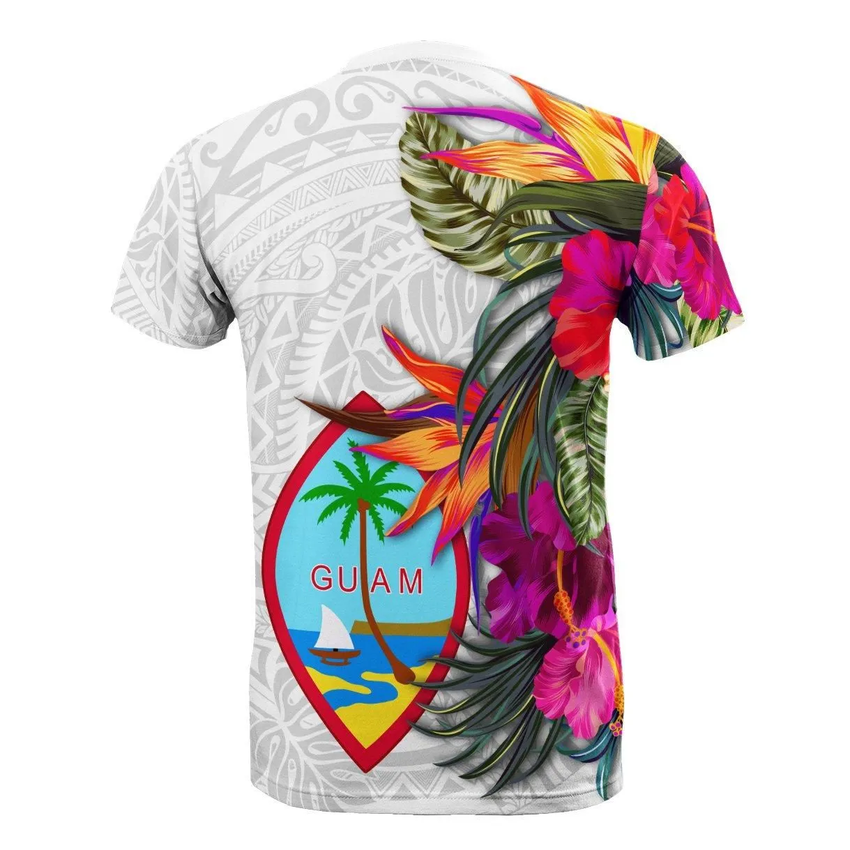 Guam T-Shirt Polynesian Hibiscus White Pattern