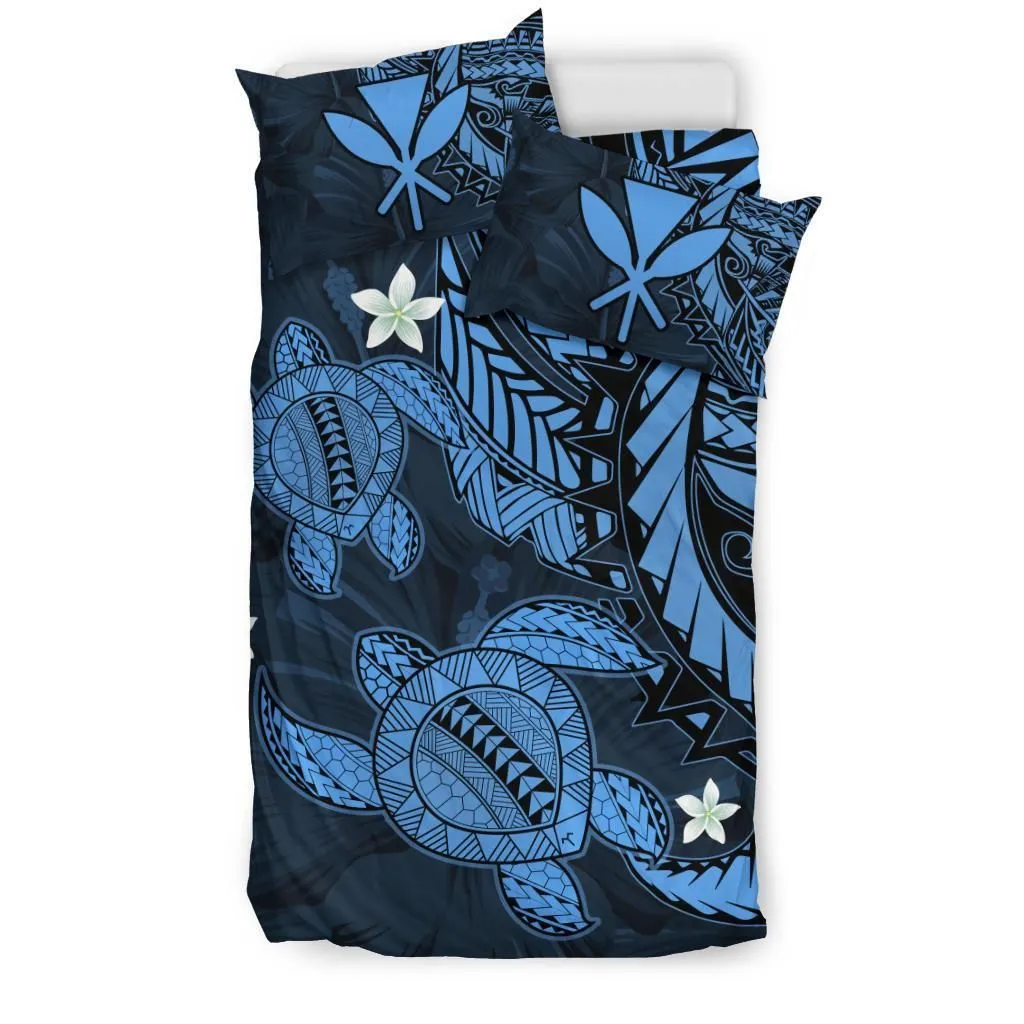 Hawaii Bedding Set - Hawaii Polynesian Turtle Hibiscus Bedding Set - Pastel Blue